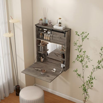 ARTETHYS Floating Vanity Desk with Mirror and Lights Small Wall Mounted Makeup Set with Storage Gray Farmhouse Dressing Table for Tiny Space - color: Grey