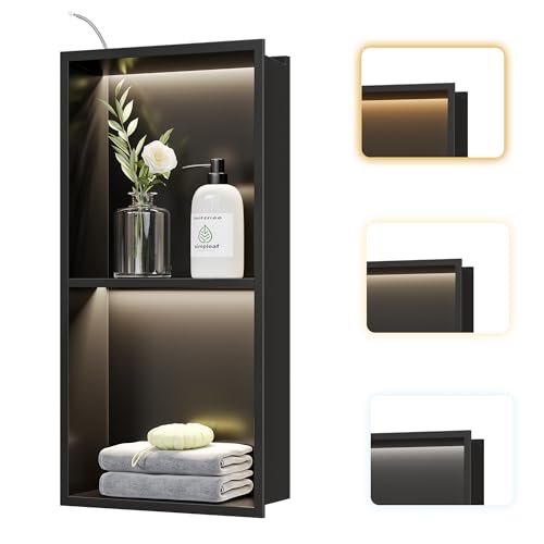 Matte Black 2-Tier 3 CCT LED Niche, 12"x24" No-Tile Shower Storage | shower niche with 3-Temperature LED Strip Light (4000K/6000K/3000K),Waterproof, Sturdy&Durable,304 Stainless Steel Wall Niche - color: Matte Black, size: 12X24In