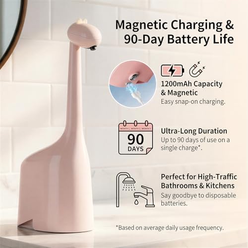 Automatic Soap Dispenser,Cute Dinosaur, Touchless, Rechargeable Foaming Soap Dispenser, 10oz/300ml, 3-Level Adjustable Foam, IPX5 Waterproof for Bathroom, Kitchen, Hotel,Restaurant, Pink - color: Pink