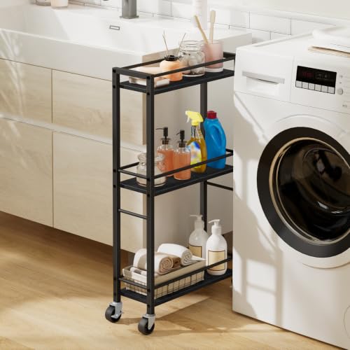 MAHANCRIS Slim Rolling Cart, Mobile Kitchen Cart on Wheels, Narrow Storage Cart for Small Space, Small Bar Cart, for Bathroom, Laundry, Living Room, Black RCHB1501 - color: Black