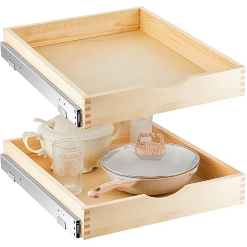 Menkxi 2 Set Wooden Pull out Cabinet Organizer Fully Assembled Slide out Pantry Drawer with Gentle Close Storage Shelf Tray for Base Kitchen Under Sink Bathroom Accessory(Wood Color,18'' X 21'' X 3'') - size: 18'' X 21'' X 3''