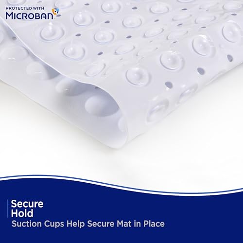 Kenney MB61186H Microban Protected 26.75" L x 14.5" W Vinyl Bubble Bath Mat, Shower Mat, Tub Mat with Suction Cups and Drain Holes for Use Inside the Shower, White - color: White