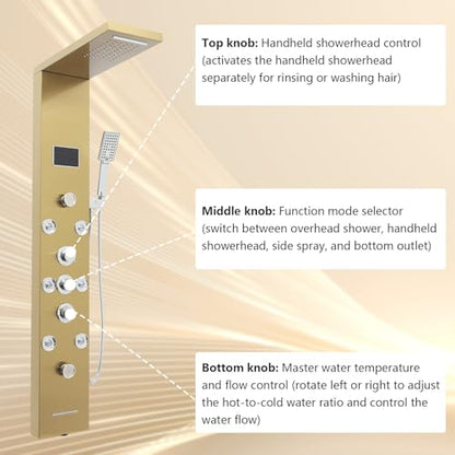 6-in-1 LED Shower Panel Tower System with 8 Adjustable Body Jets, Rainfall & Waterfall Shower, Smart Temperature Display, 59" Hose, Brushed Gold Stainless Steel, Wall Mounted - color: Gold
