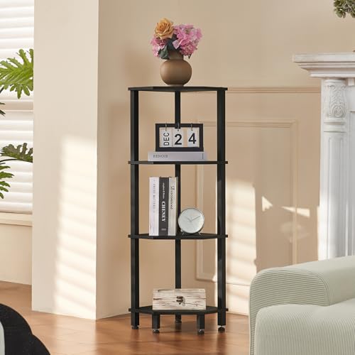 YUFAM 4-Tier Corner Shelf, Black | Wooden Corner Bookshelf for Small Spaces, Corner Standing Shelf with Sturdy 5-Leg Base - color: Black, size: 4 Tier