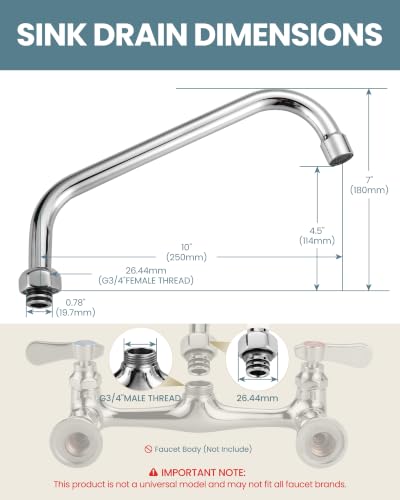 G3/4 Internal Thread 10” Commercial Faucet Swivel Spout Replacement: Add-on Swing Nozzle Spout - Chrome Polished Spout Replacement Part For Commercial Kitchen Sink Faucet - 1.8gpm/ 2.2gpm Aerator - size: 10 Inch