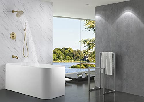 SUMERAIN Bathroom Brushed Gold Rain Shower System with Tub Spout | Tub and Shower Set, Brass Hand Shower, 8" Shower Head, Brass Rough in Valve, Concealed Box Design - color: Brushed Gold, size: 3 Function