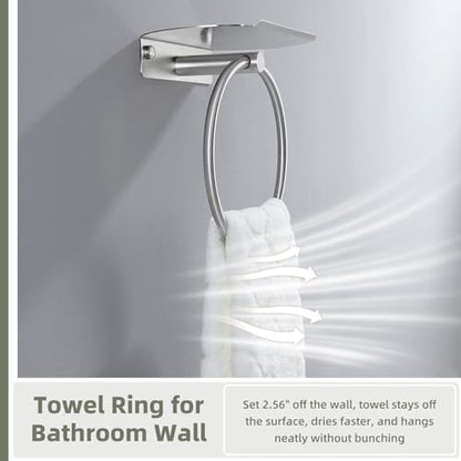 Hand Towel Ring with Shelf, Brushed Nickel, 304 Stainless Steel | 8.07-Inch Storage Surface, Rear Retaining Lip, 180° Rotation, Toiletry Storage, Concealed Screw Mounting, Bathroom Remodels - color: Brushed Nickel