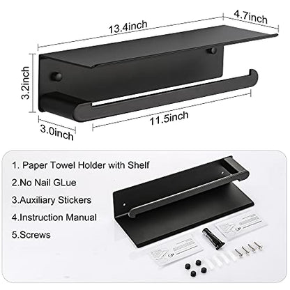 Wall Mount Paper Towel Holder with Shelf, Adhesive Towel Rack Matte Black | Self-Adhesive Paper Towel Holder with Shelf for Bathroom, Anti-Rust Aluminum, No Drill or Wall-Mounted with Screws - color: Black