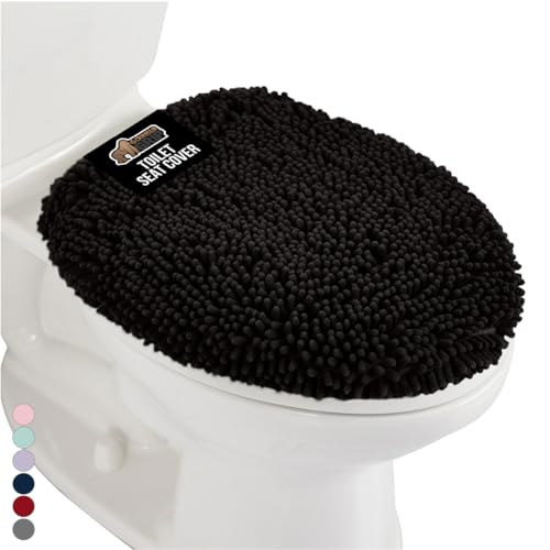 GORILLA GRIP Soft Chenille Bathroom Toilet Lid Cover, Machine Washable Seat Covers, 19.5x18.5, Stays in Place Rubber Backing, Fits Most Round, Elongated and Oblong Lids, Accessories Decor, Black - color: Black, style: Chenille