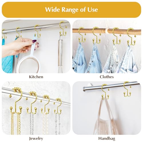 12 Pcs Gold Shower Curtain Hooks, 304 Stainless Steel Shower Curtain Hooks | Shower Curtain Rings Rust Proof, Double Hook Glide Shower Curtain Hooks Gold for Bathroom, Modern Decorative Shower Hooks
