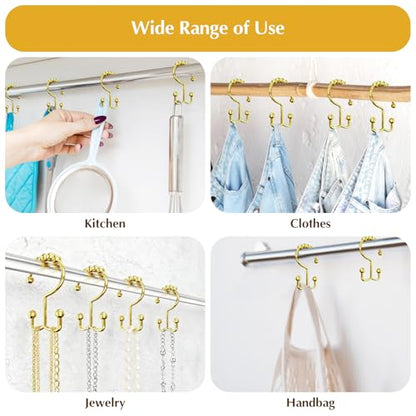 12 Pcs Gold Shower Curtain Hooks, 304 Stainless Steel Shower Curtain Hooks | Shower Curtain Rings Rust Proof, Double Hook Glide Shower Curtain Hooks Gold for Bathroom, Modern Decorative Shower Hooks