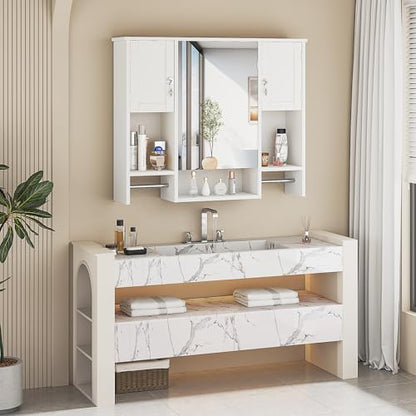 VECELO Large Bathroom Wall Cabinet with Mirror, Wall Mounted Medicine Cabinet with Open Shelves, 2 Towel Bars for Bathroom Laundry Room Kitchen, 35.04" L x 7.09" W x 28.94" H