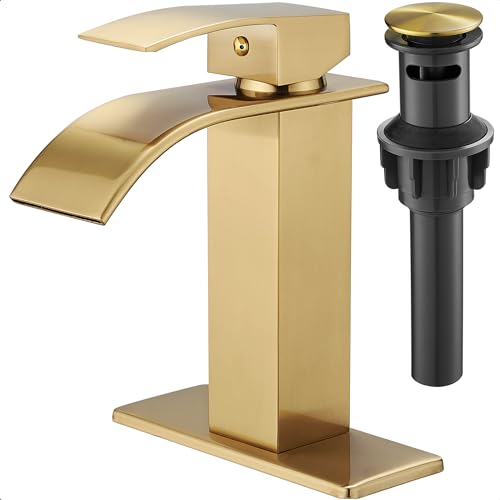 Gold Bathroom Faucet Waterfall, Brass Bathroom Faucets Single Hole or 3 Hole 4 Inch, Single Handle Bathroom Sink Faucet with Deck Plate & Drain - color: Brushed Gold - Elegant