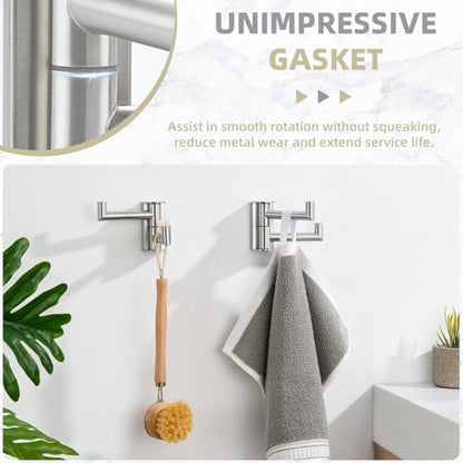 Suyar Brushed Nickel Double Towel Hook, Bathroom Swivel Robe Hook 2 Arms | Foldable Robe Coat Hanger for Kitchen RV Cabinet, SUS304 Stainless Steel Space Saving Towel Holder, Wall Mounted, 2 Pack - color: Brushed Nickel, size: 2 Pack