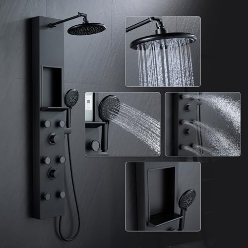 PF Shower Panel Tower Adjustable Shower Arm Height Rainfall Head System | Stainless Steel Shower Panel with Shelf and 6 Body Massage Jets Bathroom Black Shower Column Panels 5-Mode Handheld Shower - color: 6 Jets with Shelf-Black