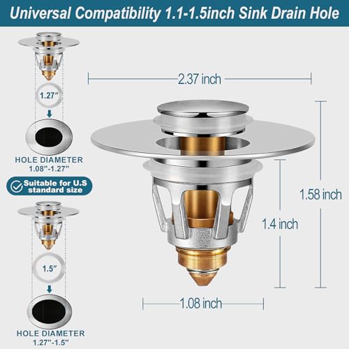 Universal Bathroom Sink Stopper - Upgraded Pop up Drain Strainer with Hair Catcher, Fits 1.1-1.5 Inch U.S. Standard Drain Holes - Anti-Clogging Filter - Pure Brass Construction