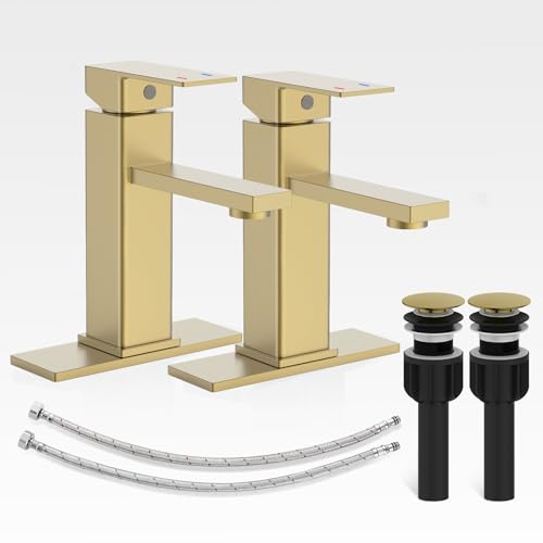 Bathroom Sink Faucet, Brushed Gold Bathroom Faucet 3 Hole with Pop-up Drain and Vessel Sink Hole Cover 6", Stainless Steel Single Handle Faucets for Bathroom Sink-2 Sets - color: 5.Brushed Gold(New), style: Short*2