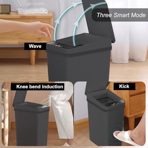 Yatmung 4 Gallons Bathroom Trash Can Automatic Touchless - Smart Trash Can | 15.5 Liters Slim Electric Trash Bin Motion Sensor - Narrow, Plastic - Skinny Garbage Can with Lid ( Matte Black ) - color: Black, size: 4 Gal