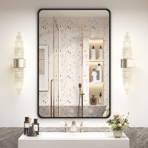 OKPAL 24X36 Inch Black Metal Framed Bathroom Mirror for Wall, Matte Black Rounded Rectangle Mirror Framhouse, Black Bathroom Vanity Mirror with Anti-Rust (Horizontal/Vertical) - color: Matte Black, size: 36"L x 24"W