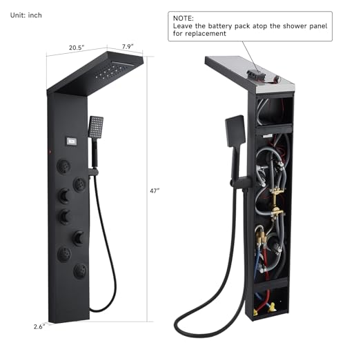 5-in-1 LED Shower Panel Tower System Matte Black Stainless Steel | Rainfall + waterfall | 4 body jets | Handheld shower | LED lights | Wall mount - color: Matte Black