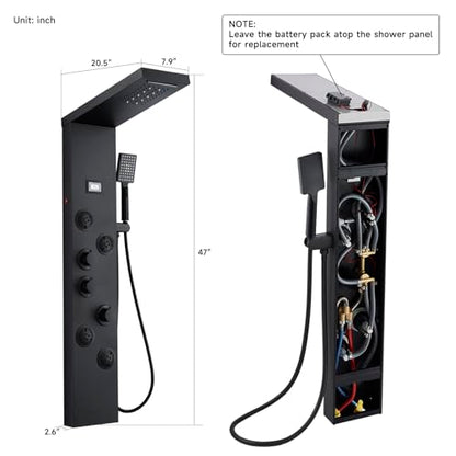 5-in-1 LED Shower Panel Tower System Matte Black Stainless Steel | Rainfall + waterfall | 4 body jets | Handheld shower | LED lights | Wall mount - color: Matte Black