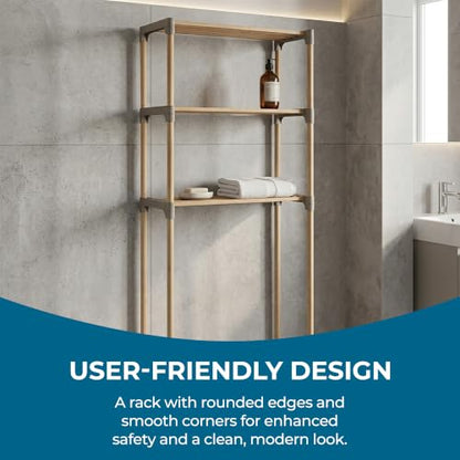 Honey-Can-Do 3-Tier Wood Over-the-Toilet Storage Shelf, Natural | Space-saving natural wood shelf fits over toilet/small appliances. 2 slatted shelves + hanging bar. Tool-free build.