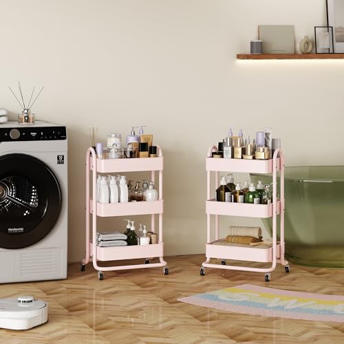 MIOCASA 3-Tier Metal Utility Rolling Cart, Heavy Duty Multifunction Cart with Lockable Casters, Easy to Assemble, Suitable for Office, Bathroom, Kitchen, Garden - style: Pink