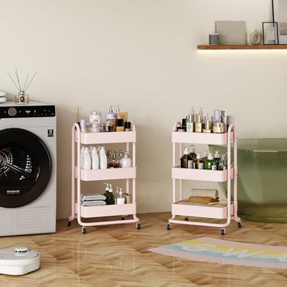 MIOCASA 3-Tier Metal Utility Rolling Cart, Heavy Duty Multifunction Cart with Lockable Casters, Easy to Assemble, Suitable for Office, Bathroom, Kitchen, Garden - style: Pink