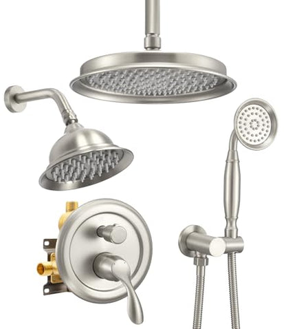 DASAN Antique Dual Shower Head Faucet Set, Dual Rain Shower Head System Complete Double Head Shower Fixture Combo - color: Brushed Nickel