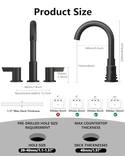 Matte Black Bathroom Faucet 3 Hole, 8 Inch Widespread 2-Handle | SUS304 Stainless Steel, 2-Handle Control, Pop-Up Drain, Supply Lines and Mounting Hardware for 8-Inch Widespread Vanity Sinks - color: Matte Black