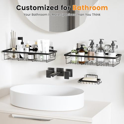 4-Pack Adhesive Bathroom & Kitchen Organizer Rack with Soap Holder | Large Capacity Rustproof Storage Shelf for Home Decor