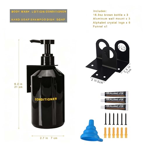 Wall Mounted Shampoo Dispenser for Shower, 3 Chamber 16.9 fl oz Each, 4CC Pump Soap Dispenser for Bathroom, Glossy Black Shampoo and Conditioner Dispenser with Crystal Labels (Black) - color: Black
