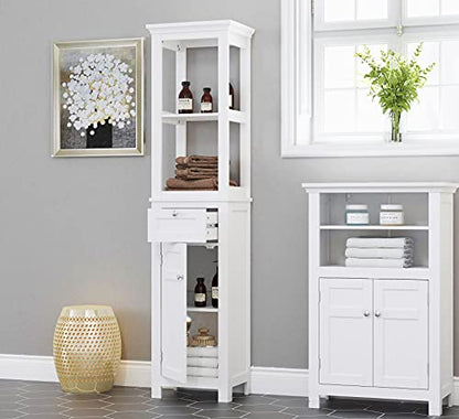Spirich Bathroom Freestanding Storage Cabinet with Two Tier Open Shelves, Tall Slim Cabinet with Door and Drawer, Floor Linen Tower (White) - color: White