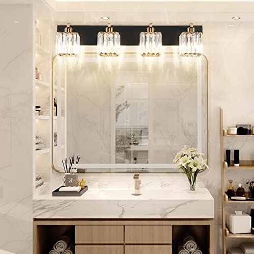 Aipsun Bathroom Vanity Light Fixtures Crystal Vanity Light for Bathroom 4 Light Modern Vanity Lighting (Exclude Bulb) - color: Black Gold, size: 32 inch
