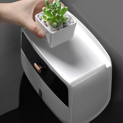Toilet Paper Holder Wall Mount, Self Adhesive Paper Towels Holder with Drawer and Shelf Watertight Tissue Dispenser Semi-Auto Switch Toilet Tissue Roll Holders for Bathroom(Black)