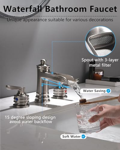 Fapully Brushed Nickel Bathroom Sink Faucet, Waterfall Bathroom Faucets 3 Hole, 8 Inch Widespread Bathroom Faucet with Pop-up Drain, 2-Handle Faucet for Bathroom Sink Vanity RV - color: Brushed Nickel