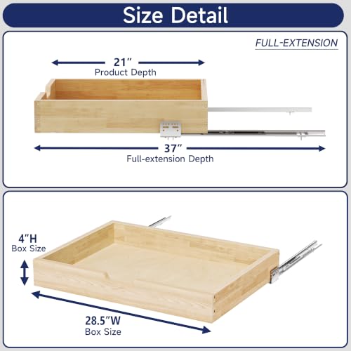 Pull Out Cabinet Organizer, 28.5 in W x 21 in D Solid Wood Slide Out Drawer, Soft Close Sliding Shelf, Bottom or Side Mount for Kitchen Pantry Bathroom, Fits 29.5 in Cabinet Opening - size: 28½” W × 4"H x 21” D