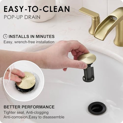 Brushed Gold Bathroom Faucet 3 Hole, 4-8 Inch Brass Widespread Waterfall Bathroom Sink Faucets with Pop Up Drain and cUPC Supply Line, 2 Handles for Vanity, Lavatory, Restroom, Apartment, Modern - color: Brushed Gold - Elegant