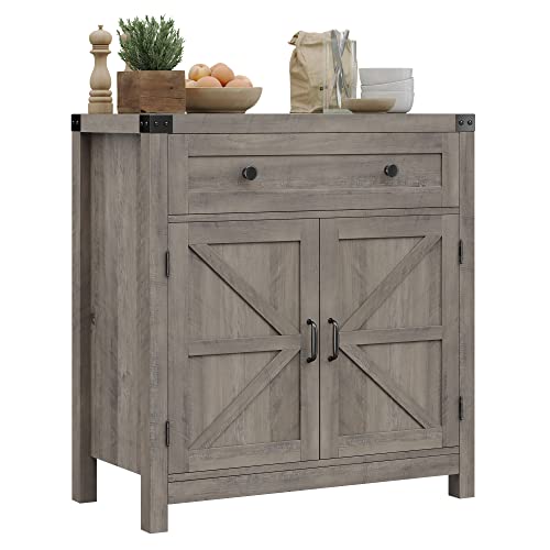 HOSTACK Kitchen Storage Cabinet, Farmhouse Coffee Bar Cabinet, Ash Gray | Small Buffet Cabinet with Doors & Wide Drawer, Wood Sideboard Buffet, Entry Table w/ Adjustable Shelf for Dining Living Room - color: Ash Grey