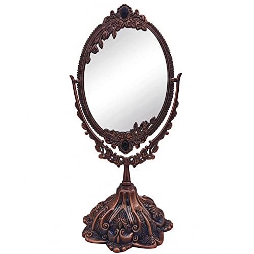Hsiwto Vintage Double Side Makeup Mirror, Alloy Metal Table Makeup Desktop Mirror with 360 Degree Rotation Cosmetic Makeup Tool for Women Girls, Large Red Copper - color: Red Copper, size: 15.3"L x 7.8"W