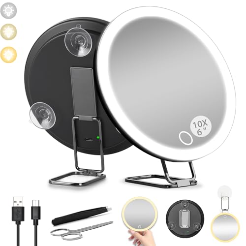 6" 10x Magnifying Mirror with Light Suction Cup,Led Close up Makeup Mirror with 360° Stand,3 Color Lighted Personal Mirror 10x,10 Times Functional Zoom Mirrors for Partial Details - color: Black---10x