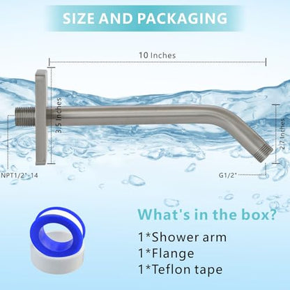 Shower Arm with 3.5" Flange, 10 Inch Wall Mount Replacement Shower Head Arm For Fixed Shower Heads and Handheld Showerhead, Brushed Nickel - color: Brushed Nickel, style: 10 Inch