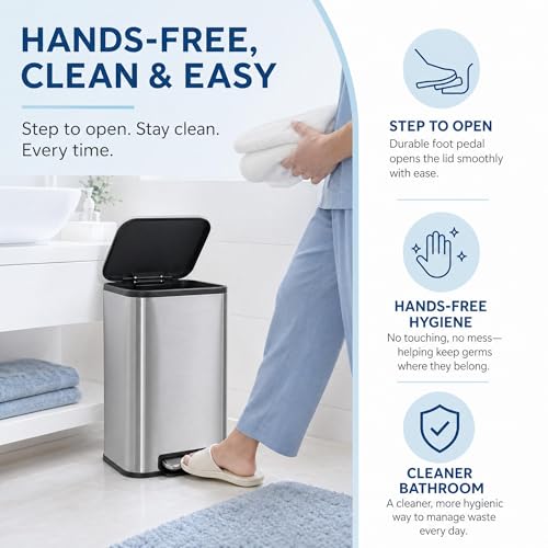 GarveeHome 3.2 Gal Stainless Steel Bathroom Trash Can with Lid, Silver | Rectangular Small Step Waste Bin, Hands-Free Foot Pedal, Removable Inner Bucket, Quiet Close, for Bedroom Restroom - color: Stainless Steel, size: 12 L