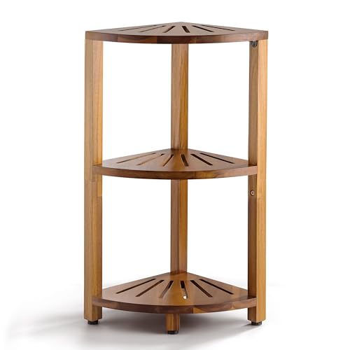 BLUEWEST 3-Tier Wooden Corner Shower Caddy Organizer with Anti-Slip Feet | Waterproof, Durable Bathroom Corner Shelf with a Space-Saving Design for Storage in Showers, Kitchens and Living Room Areas. - color: Acacia
