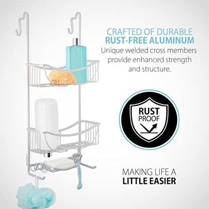Better Living Products 13634 VENUS 3-Tier Over the Shower Door Caddy, Grey | Rustproof Aluminum Shower Door Organizer, 2 Large Baskets, Built-in Storage Hooks & Soap Dish, Suction Cups, No Drill