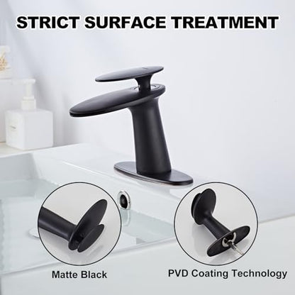 Matte Black Waterfall Bathroom Sink Faucet and Pop Up Drain Assembly - color: Matte Black, size: Short Body