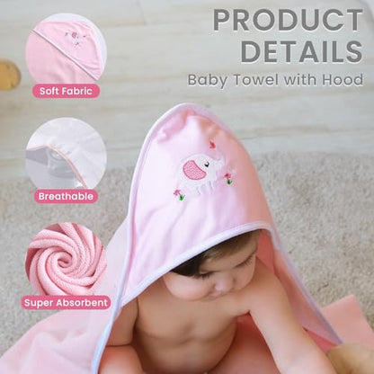 Softan Baby Hooded Towels and Washcloths Set 6 Pack, 28x28 Ultra Soft & Absorbent Baby Bath Towels for Newborn Infant Toddler, Unisex Boys Girls (Pink Elephant) - color: Pink Elephant