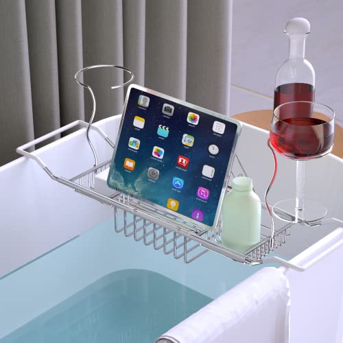 Bathtub Tray Caddy,Expandable Bathtub Shower Caddy,Adjustable Organizer Tray for Bathroom,Luxury Bath Caddy Tub Table, Bathtub Accessories & Bathroom Gadgets 304 Stainless Steel Holder (Silver1)
