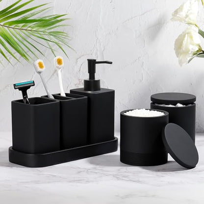 Bathroom Accessories Set, 6 Piece Soap Dispenser Set - Matte Black | Bathroom Set with Toothbrush Holders, Soap Dispenser, Vanity Tray, Tumbler, Cotton Swab Jars, Bathroom Organizer and Storage - color: Black