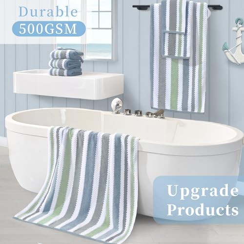 Waffle Towels for Bathroom - Quick Dry | Thick | Lightweight | 500GSM, 2 Bath 28"x52", 4 Hand 16"x27", Cotton Polyester Blend Towels, Shower Towel with Hanging Loops, Navy Grey Green Stripe and White - color: Navy+gray+green+white, size: 6 PCS Towel Set